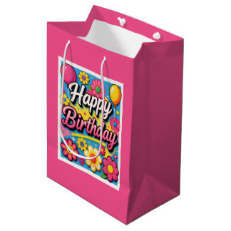 Sacola Para Presentes Média Flores e Balões de Aniversário Feliz e Brilhantes