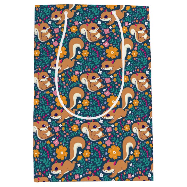 Sacola Para Presentes Média Flores e esquilos de primavera (Frente)