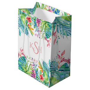 Sacola Para Presentes Média Flores e folhetos tropicais coloridos
