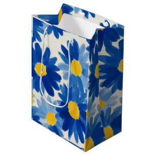 Sacola Para Presentes Média Flores pintadas azuis e amarelas