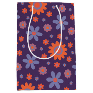Sacola Para Presentes Média Flores Retro Diversão 70s Hippie Daisy Padrão
