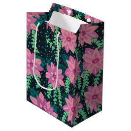 Sacola Para Presentes Média Flores Rosa em Preto