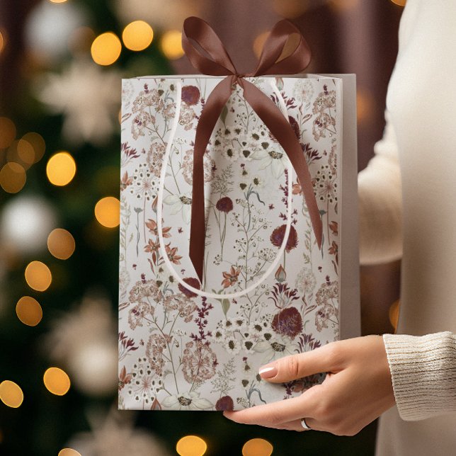 Sacola Para Presentes Média Flores Selvagens Modernas | Elegante Boho Floral (Criador carregado)