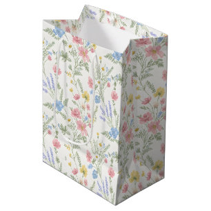 Sacola Para Presentes Média Flores Silvestres Rosa Amarelo Azul Estilo Aquarel