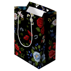 Sacola Para Presentes Média Flores Vermelhos e Azuis Bordados Faux