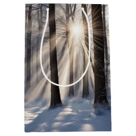 Sacola Para Presentes Média Floresta de Inverno Com Raios de Sol