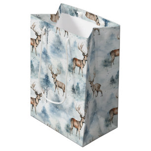 Sacola Para Presentes Média Floresta de Veados em Aquarela de Inverno (5)