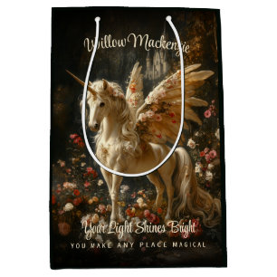 Sacola Para Presentes Média Floresta Floral de Cavalo de Fada Magia Unicórnio