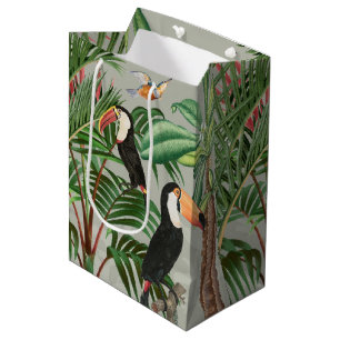 Sacola Para Presentes Média Floresta Tropical de Cores Aquáticas e Pássaros tu