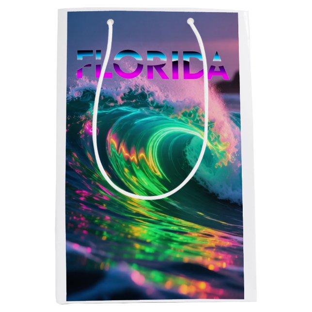 Sacola Para Presentes Média Flórida – Vibrações de Onda Neon (Frente)