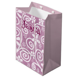 Sacola Para Presentes Média Flowers Swirls Pink White Pattern Personalized