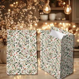 Sacola Para Presentes Média Folhagem de Natal Festiva com Frutas Vermelhas