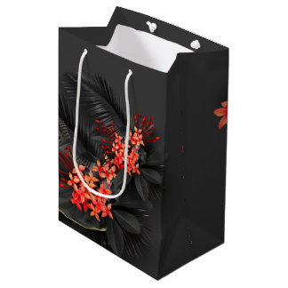 Sacola Para Presentes Média Folhagem Tropical Exótica Crimson Dourado Negro