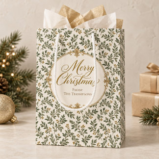 Sacola Para Presentes Média Folhagem Verde Dourada Elegante Personalizada