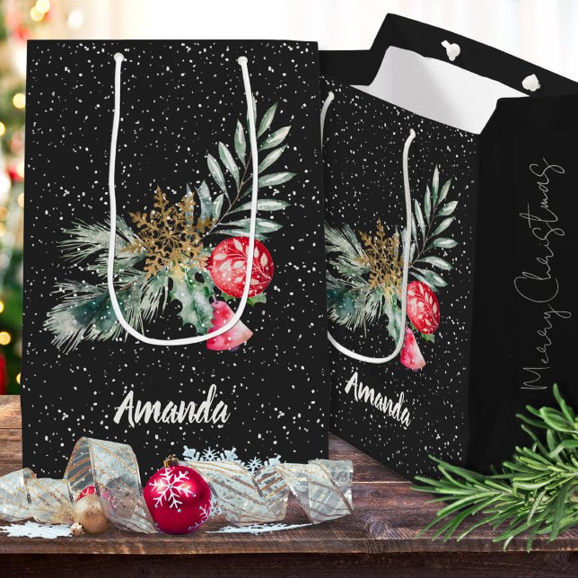 Sacola Para Presentes Média Folhas de Aquarela de Script Moderno Feliz Natal (Criador carregado)