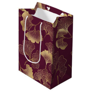 Sacola Para Presentes Média Folhas de Ginkgo Douradas Luxuosas em Burgundy Pro