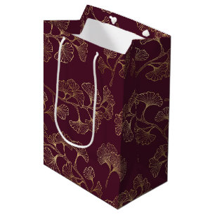 Sacola Para Presentes Média Folhas de Ginkgo Douradas Luxuosas em Burgundy Pro