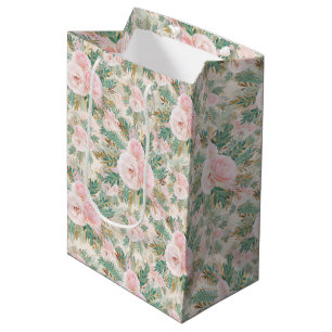 Sacola Para Presentes Média Folhas de Ouro de Casa Floral de Rosas Rosa Escamo