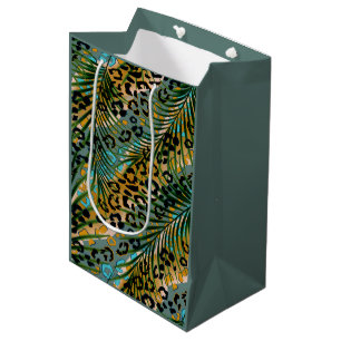 Sacola Para Presentes Média Folhas de palma num fundo-leopardo.