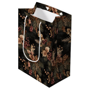 Sacola Para Presentes Média Folhas Douradas e Florais secas