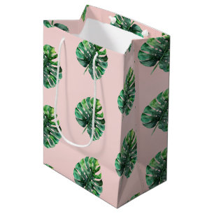 Sacola Para Presentes Média Folhas tropicais cor-de-rosa cor-de-rosa