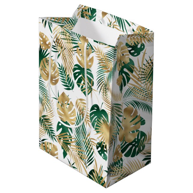 Sacola Para Presentes Média Folhas tropicais Douradas e verdes (Verso inclinado)
