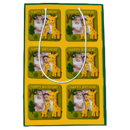 Sacola Para Presentes Média Foto de Aniversário da Girafa Bonita Personalizáve