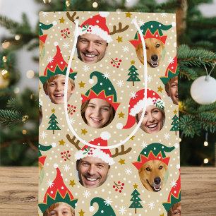 Sacola Para Presentes Média Foto de Natal Colagem Festiva Engraçada Rosto Beig