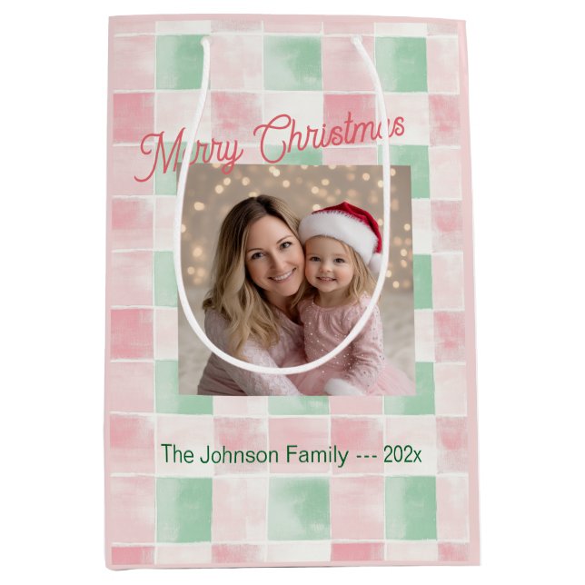 Sacola Para Presentes Média Foto do Retro Verde Rosa (Frente)