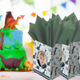 Sacola Para Presentes Média Foto e nome personalizados do dinossauro verde-azu