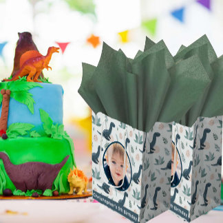 Sacola Para Presentes Média Foto e nome personalizados do dinossauro verde-azu