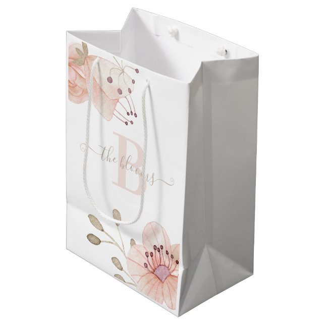 Sacola Para Presentes Média Foto Monogramada Aquarela Peach Floral Gift Bag (Frente inclinada)