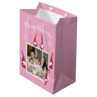 Sacola Para Presentes Média Foto personalizada de Natal feliz com gnomos engra