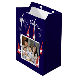 Sacola Para Presentes Média Foto personalizada de Natal feliz com gnomos engra