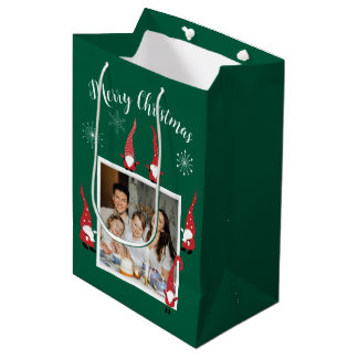 Sacola Para Presentes Média Foto personalizada de Natal feliz com gnomos engra