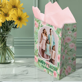 Sacola Para Presentes Média Foto personalizada de páscoa Pastel rosa e verde f