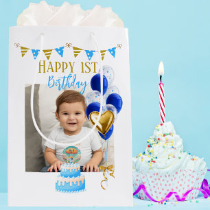 Sacola Para Presentes Média Fotos do Primeiro Aniversário de Menino Balão Azul