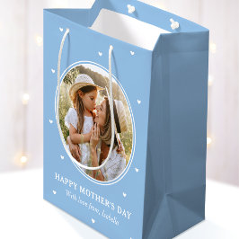 Sacola Para Presentes Média Fotos personalizadas do Dia das Mães Azul Branco F