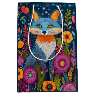 Sacola Para Presentes Média Fox Dot Art Vibrante Em Meio À Flora Esbuvada