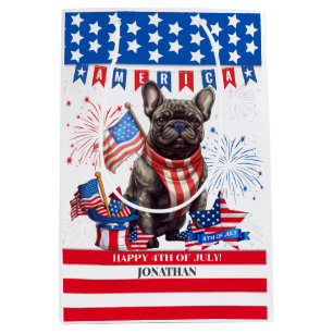 Sacola Para Presentes Média Francês Bulldog Feliz 4 De Julho, América Patrióti
