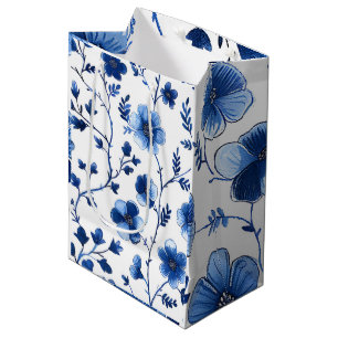Sacola Para Presentes Média Francês Cottagecore Azul Padrão Floral Tecido