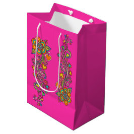 Sacola Para Presentes Média Fronteira de Gavinhas do Poder Floral Retro 18