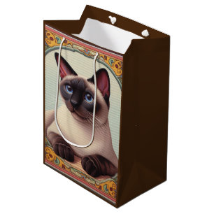 Sacola Para Presentes Média Fronteira Floral Realista Cute Siamesa Colorida