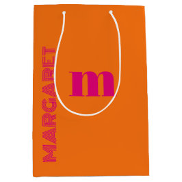 Sacola Para Presentes Média Fuchsia & laranja nome inicial personalizado moder