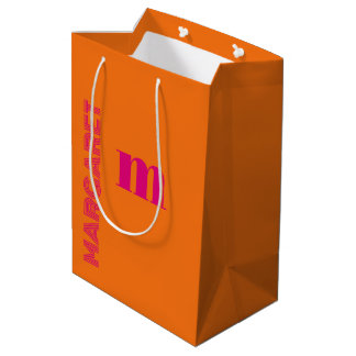 Sacola Para Presentes Média Fuchsia & laranja nome inicial personalizado moder