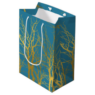 Sacola Para Presentes Média Fundo Azul Padrão de Ramificações de Árvore Dourad