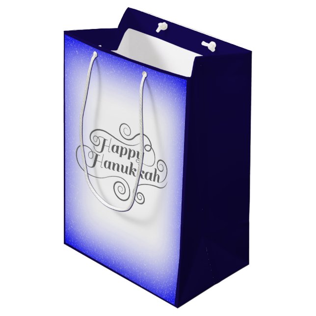 Sacola Para Presentes Média Fundo Branco Azul de 2 tons Feliz Hanukkah (Frente inclinada)