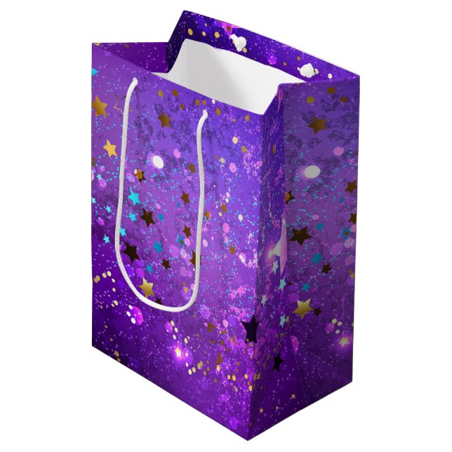 Sacola Para Presentes Média Fundo de folhas roxas com estrelas (Frente inclinada)