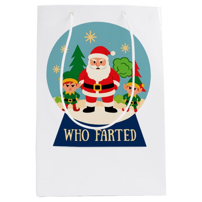 Sacola Para Presentes Média Funny Christmas Santa & Elves "Who Farted" (Frente)