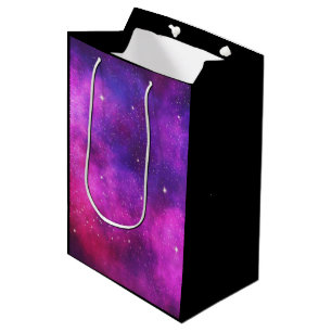 Sacola Para Presentes Média Galáxia Cinza e Roxo de Espaços e Estrelas